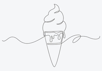 Ice cream cone in continuous line art drawing style. Black line sketch on white background.