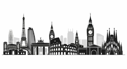Fototapeta premium Iconic city skyline silhouettes with famous landmarks in black and white
