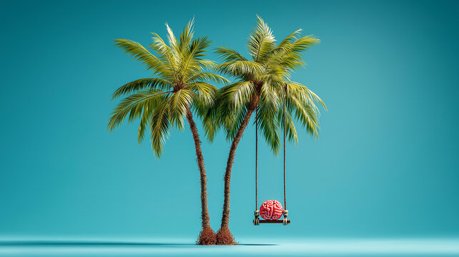A brain swinging on a swing tied to two palm trees, symbolizing relaxation, mental health, and smart investments in real estate tourism, with a flat blue background.