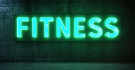 Obraz premium Bright neon sign displays FITNESS against dark concrete wall. Minimalist aesthetic, vibrant green glow dominates scene. Studio lighting.