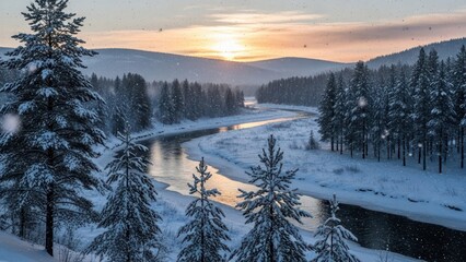 Photorealistic winter river landscape at sunset with snow-covered pine trees, gentle snowfall, winding river reflecting warm light, and a calm serene atmosphere.
