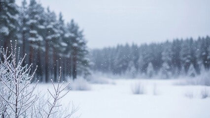 Photorealistic winter river landscape at sunset with snow-covered pine trees, gentle snowfall, winding river reflecting warm light, and a calm serene atmosphere.