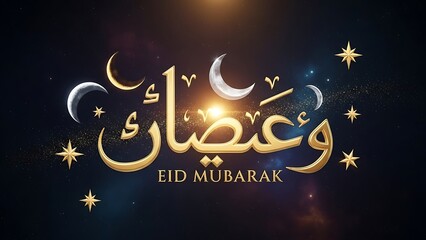 Eid Mubarak Arabic Calligraphy Crescent Moon Stars Golden Festive Celebration