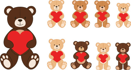 Fototapeta premium teddy bear with heart vector set. Adorable cartoon bears holding red hearts. Love themed illustrations for Valentine cards, gifts, kids design and nursery projects.
