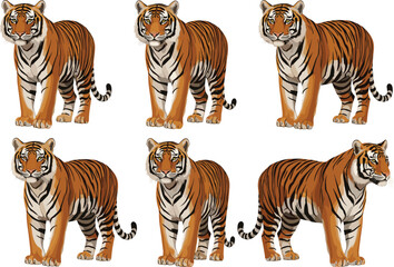 Obraz premium tiger vector set. Detailed striped tigers in different standing poses. Powerful wild animal illustrations for wildlife design, education and nature themed projects.