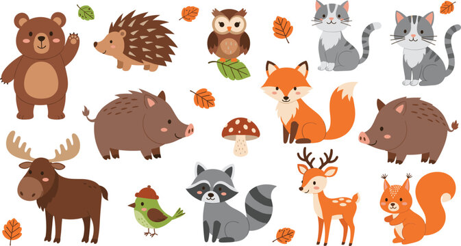 Forest animal vector set. Cute cartoon woodland animals with autumn elements. Bear, fox, deer, raccoon and squirrel illustrations for kids design and education.