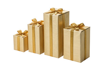 Four tall golden gift boxes with ribbons isolated on transparent background