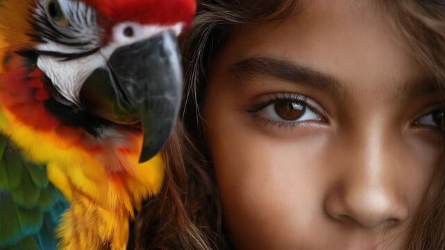 Tight portrait of young girl beside colorful macaw parrot with subtle head movement and eye contact
