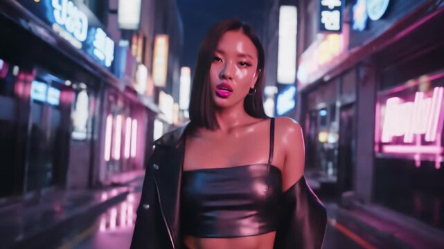 A confident young woman dressed in a black leather bustier, pants, and jacket walks down a wet city alleyway at night. Bright neon lights cast a vibrant pink and blue glow on the surroundings.