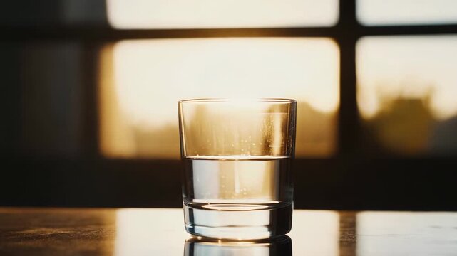 Half full glass of fresh water standing on a reflective wooden table, capturing warm sunlight through a window, symbolizing hydration, clarity, and health