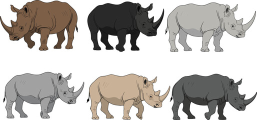 Rhinoceros character vector set. Flat cartoon rhinos in different colors and poses. Wild safari animal illustrations for education, wildlife design and kids projects. © HELEN QUEEN