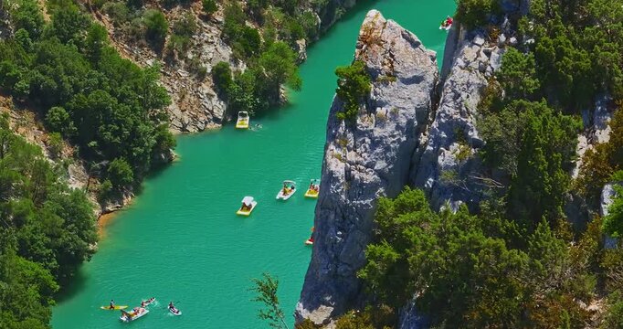 Aerial view of Gorges Du Verdon and Galetas Bridge, Magnificent Nature. Aerial journey above Verdon Gorge, where rugged mountains meet the emerald river below