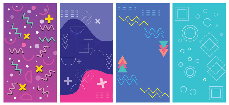 Playful Memphis-Inspired Abstract Patterns &ndash; Neon Squiggles, Stars, Waves & Geometric Doodles in Vibrant Gradients Vector Background Set