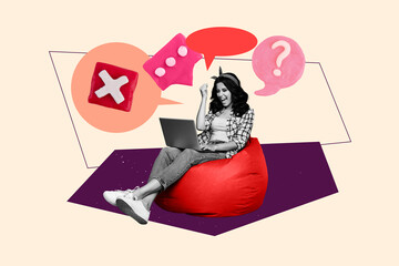 Sketch template design collage of young woman smile sit beanbag type laptop app speech cloud cross...
