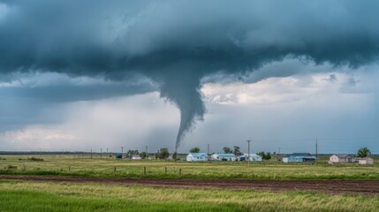 Obraz premium A funnel cloud descends from dark storm clouds, forming a tornado over green fields and a few scattered houses. The sky is ominous with shifting storm patterns.