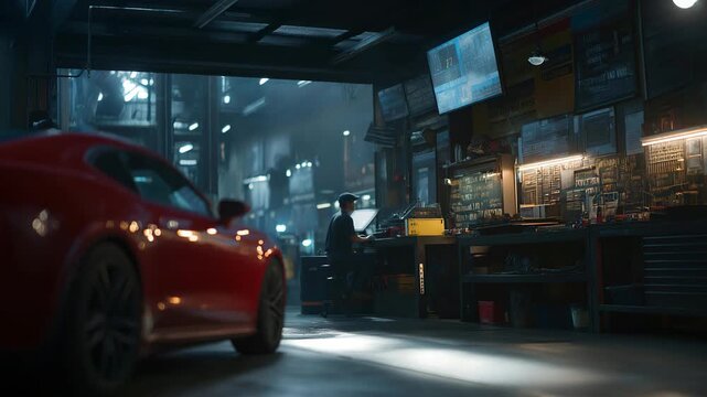 A busy workshop environment within a commercial garage supports engine diagnostics, brake repairs, and preventive maintenance for all vehicle types. cinematic color correction, natural uneven