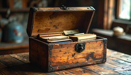 Rustic Wooden ChestWith Aged Papers Open Latch, Warm Workshop Feel, Vintage Storage.