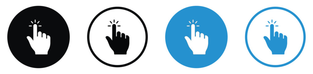 Obraz premium Vector hand cursor icon with clicking gesture. Includes flat, line, and circle styles in black and blue. Perfect for website buttons, UI design, and interactive digital touchpoint concepts.