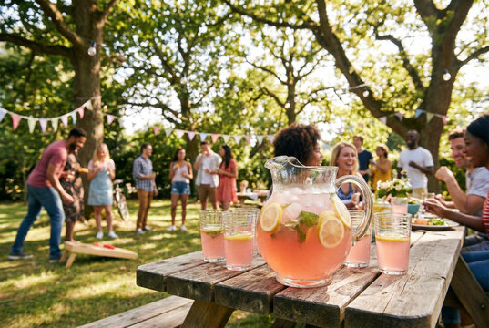 Pitcher of refreshing pink lemonade on wooden picnic table with happy diverse friends enjoying summer garden party playing cornhole in background