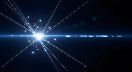 宇宙開発や衛星通信を象徴する光のネットワークとレーザー軌跡。次世代通信インフラや宇宙ビジネス向け16:9背景。