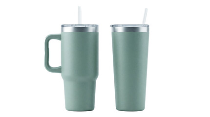 Two insulated tumblers with handles and straws one with a wide base and the other a slender cylindrical shape showcasing their durable matte finish in a soft activities transparent background