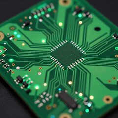 Close-up view of a pulsating, vibrant green circuit board conveying the power and complexity of modern technology