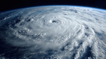 A mighty hurricane spans across the ocean with swirling clouds and distinct eye visible, captured from a vantage point in space during bright daylight. The scene showcases nature's raw power.