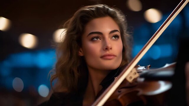 A professional violinist performs with focused expression, drawing the bow across strings to create expressive melodies that highlight classical music, live performance, and artistic mastery.