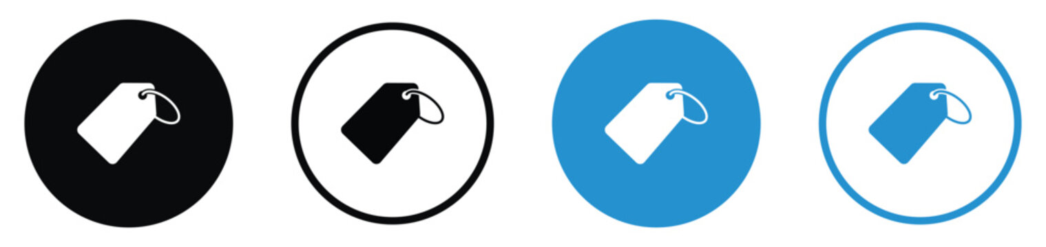 Minimalist price tag vector icons for retail and e-commerce. Includes various circular styles in black and blue. Perfect for sales promotions, shopping apps, and product labeling designs.