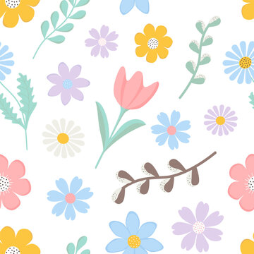 Cute floral seamless pattern with colorful spring flowers. Hand drawn vector background.