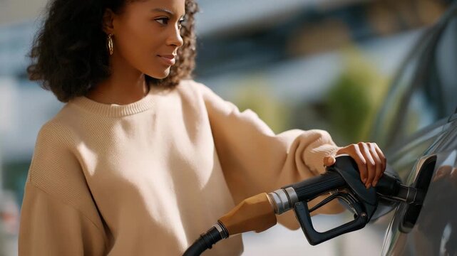 Contemporary gas filling station with customers handling fuel nozzles, clean design emphasizing safety standards, accessibility, and transportation services. cinematic color correction, natural