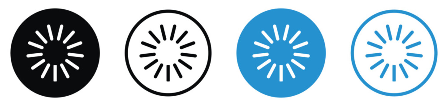 Circular loading and buffering progress icons. Features radial line designs in black and blue. Ideal for website waiting screens, app data processing, and system update status indicators.