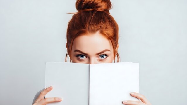 Intense blue-eyed redhead woman peers over a blank white book cover intensely focused