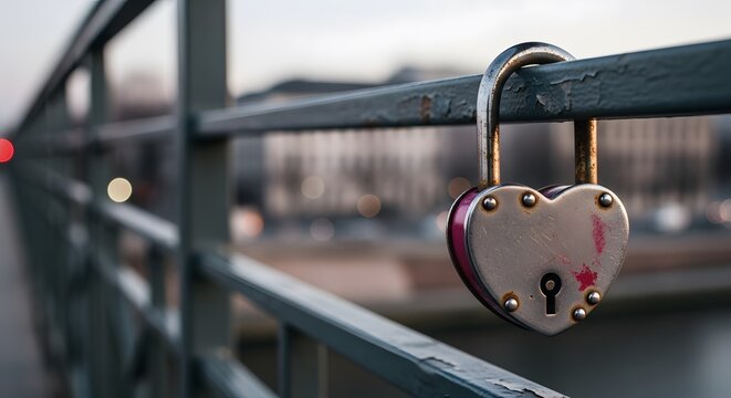 Heart-shaped padlock on bridge railing symbolizing love and commitment
