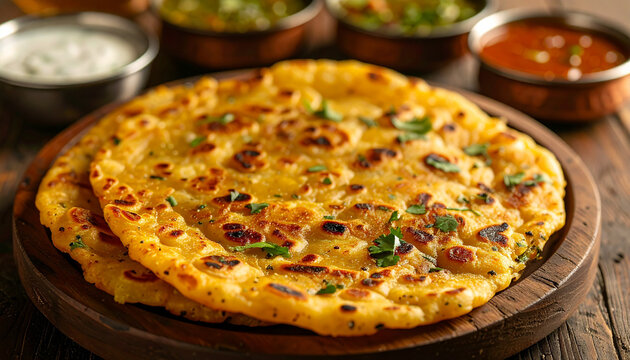 Golden aloo paratha with visible potato filling with chutneys and sauces on wooden table, Indian snack