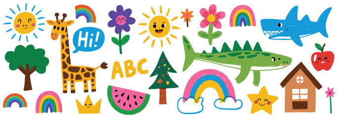 kids drawing illustration, vector children color pencil naive doodle set with cute cartoon animals, kindergarten wax crayon sketch, giraffe, crocodile, shark, rainbow, flower. © tareq