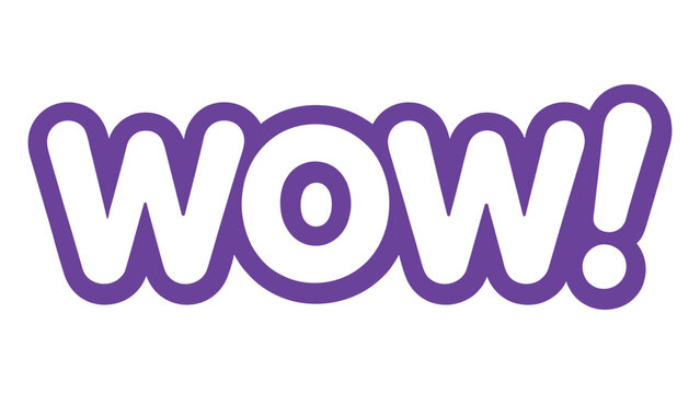 wow word typography with bold rounded letters and exclamation mark isolated on white background for surprise reaction, sticker and branding design