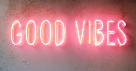 Bright pink neon sign displays Good Vibes against textured wall. Simple typography, positive message, modern aesthetic.