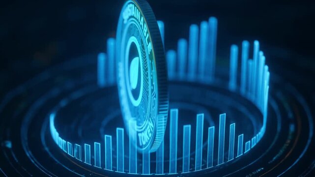 Sustainable investment token digital coin eco friendly finance blockchain technology glowing blue futuristic financial growth environmental symbol circular graph innovation digital currency green