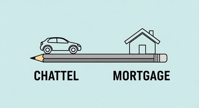 Visual representation contrasting chattel versus mortgage concepts using a car and house balanced on a pencil's length