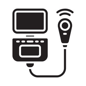 A black and white icon depicting a portable ultrasound machine with a probe