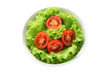 Fresh green lettuce and sliced tomatoes in a bowl isolated on transparent background