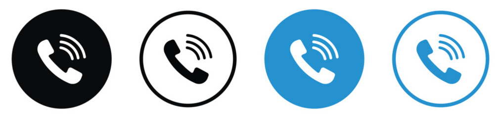 Set of phone ringing icons in flat and line styles. Vector call symbols in black and blue circular buttons, perfect for contact us pages, mobile app interfaces, and customer support designs.