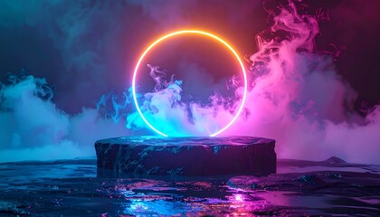 Obraz premium A stone platform glows beneath a neon ring, amid colorful smoke. The scene is bathed in pink and blue light, offering a futuristic feel