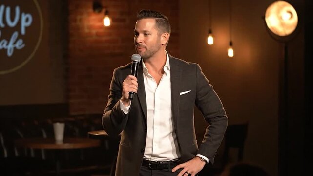 Man in suit stands on stage holding a microphone, talking. Dark cafe background with hanging lights