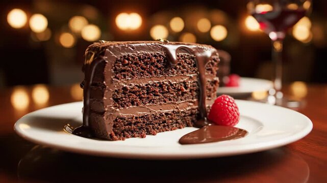 Cinematic dolly shot orbiting a decadent slice of rich dark chocolate layer cake topped with ganache resting on an elegant white dessert plate layer cake, patisserie, advertising