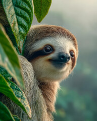 Obraz premium Sleepy sloth hanging from tree branch, relaxed pose in lush tropical forest canopy
