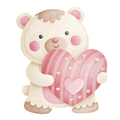 Fototapeta premium Chubby teddy bear holding decorated pink heart watercolor illustration for valentine