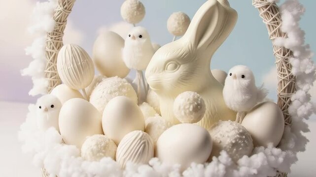 Delicate easter basket evolution: fluttering doves and eggs against cloudy sky