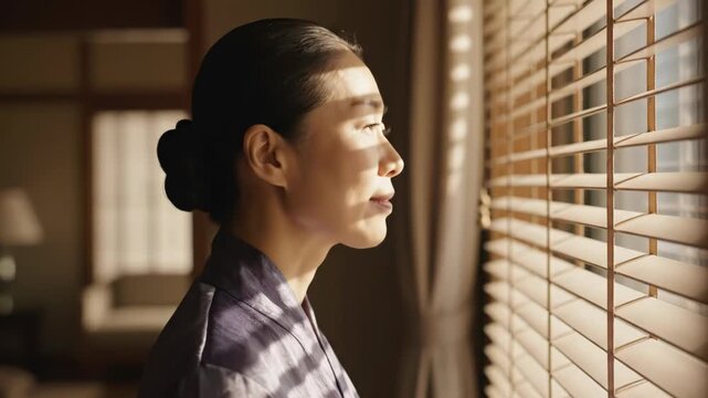 Woman looking through blinds in a room with a warm light shining through